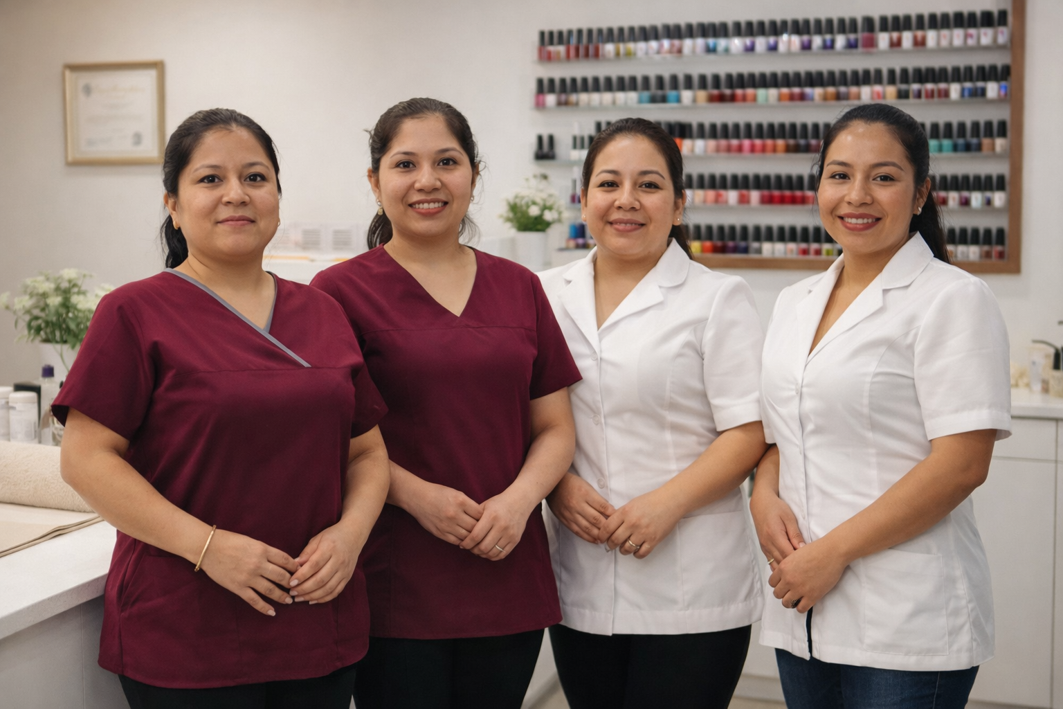 Four women, some in burgundy scrubs and some in white coats, standing together inside a room with nail polish display in the background.