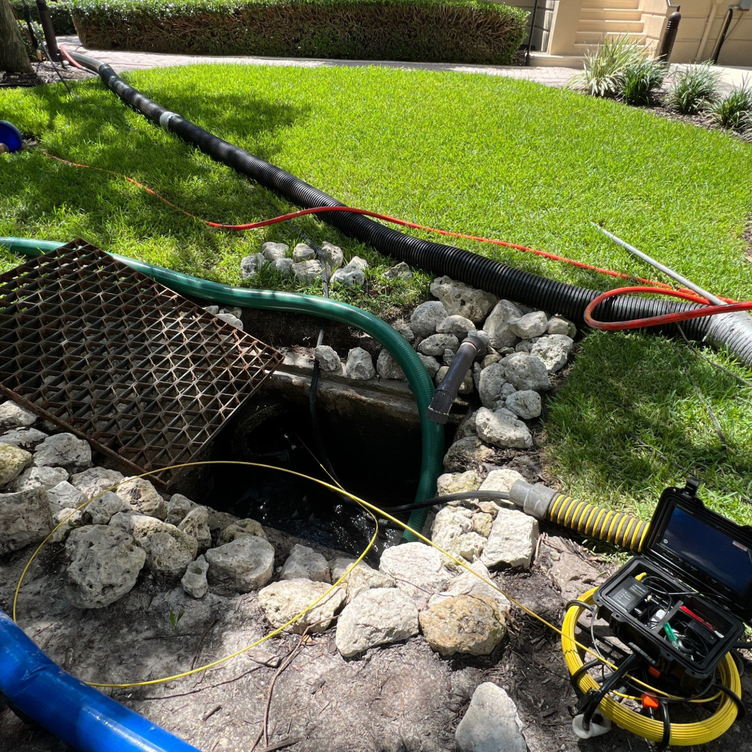 Camera inspection setup showing an HD video monitor and equipment inspecting an underground cross drain.