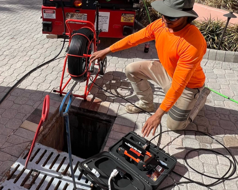 Stormwater technician operating a push camera to inspect underground storm drain lines for blockages and structural issues.
