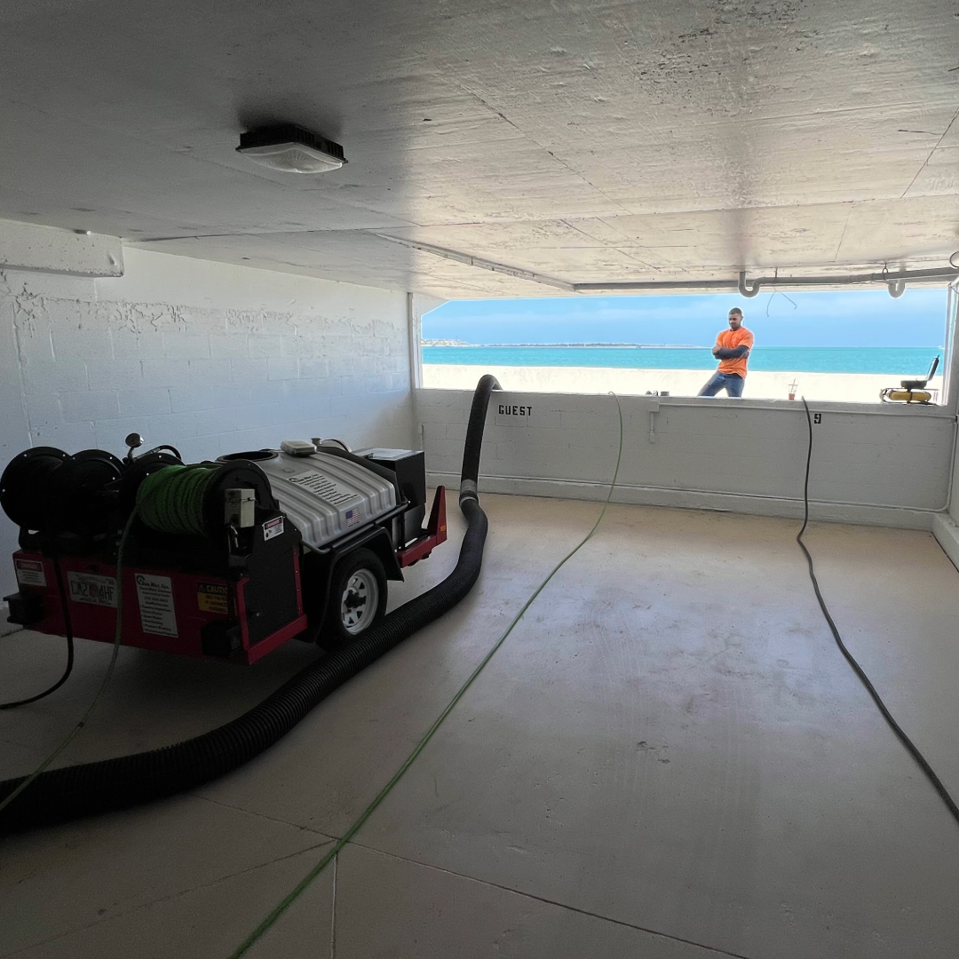 Trailer jetter setup for cleaning parking garage trenches and removing standing water