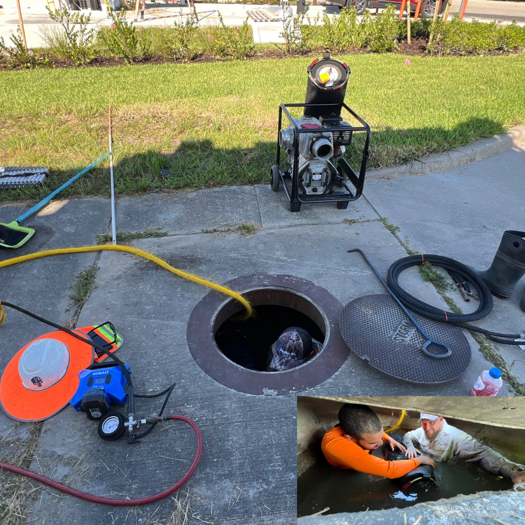 Lift station or stormwater pump chamber inspection and cleaning with jetter hose and camera equipment