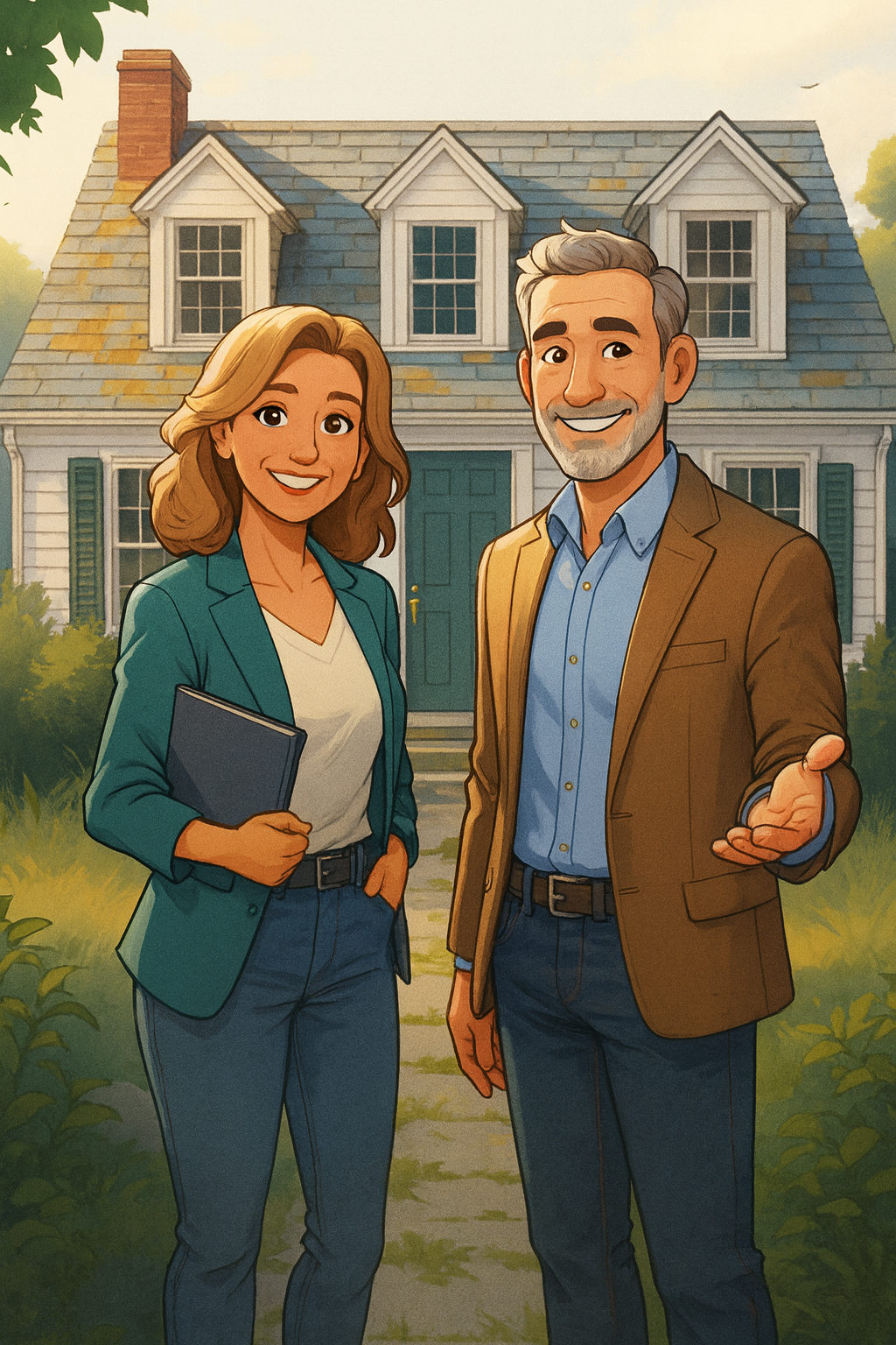 Friendly estate solutions team standing in front of a Connecticut home, ready to help with cleanouts, estate sales, and inherited property support.