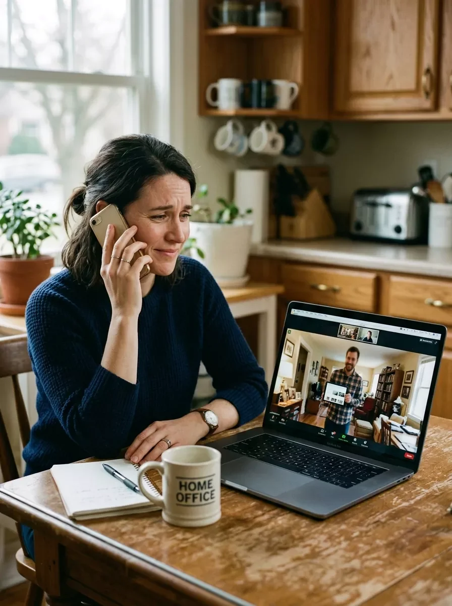 Adult child reviewing photo inventory of parent's home remotely while Heritage Solutions team handles senior downsizing on-site in Connecticut