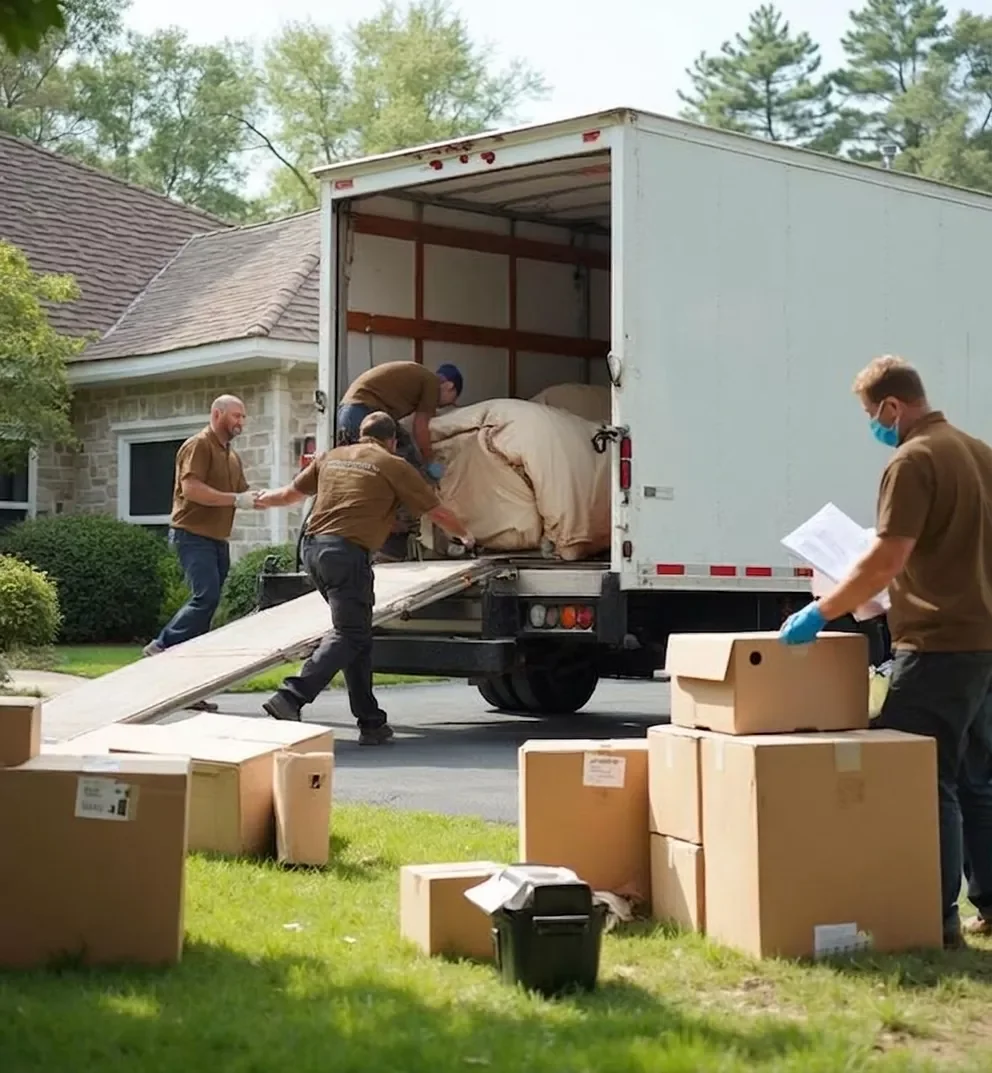 Movers clearing out furniture during a full-service estate cleanout in New Haven County