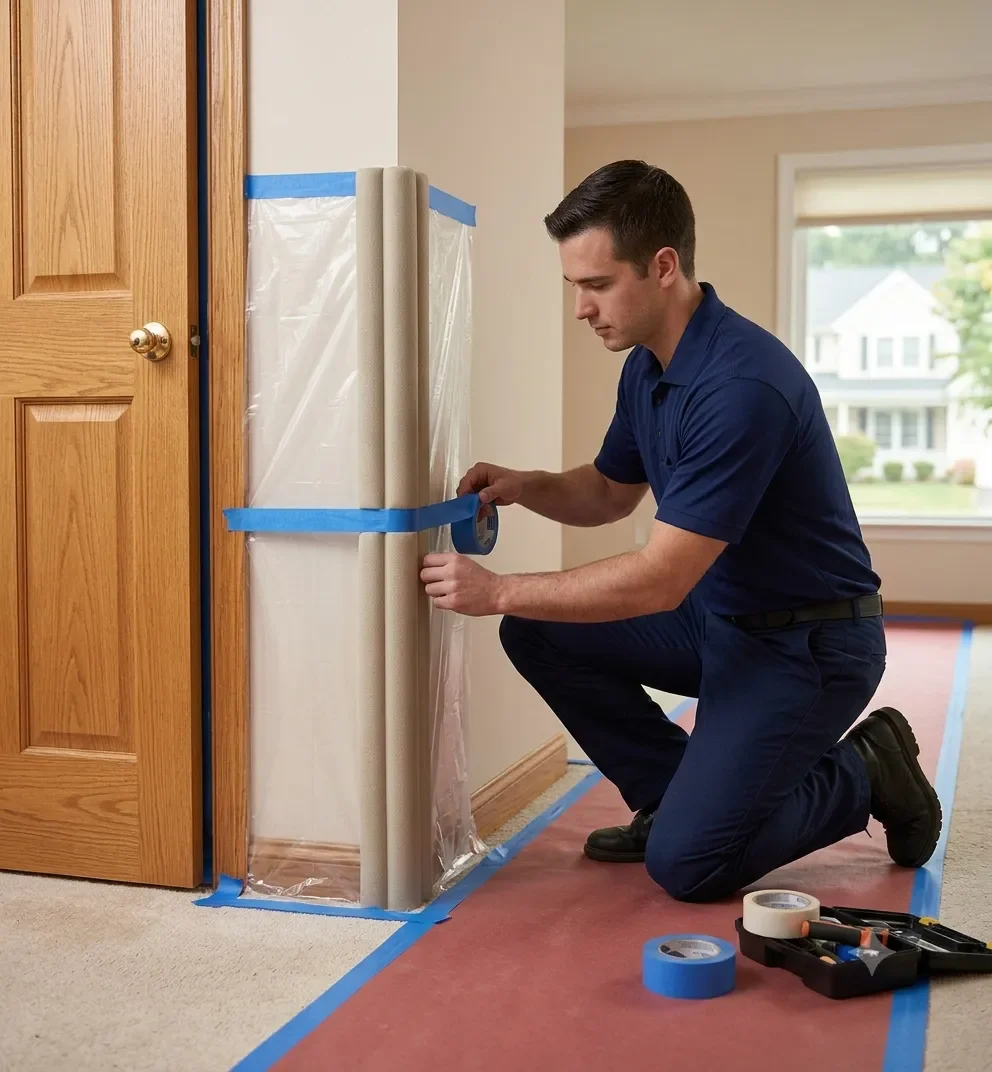 Heritage Solutions team member in a navy blue uniform shirt applies blue painter's tape to secure padded corner guards and floor runners inside a Connecticut home, preventing damage.