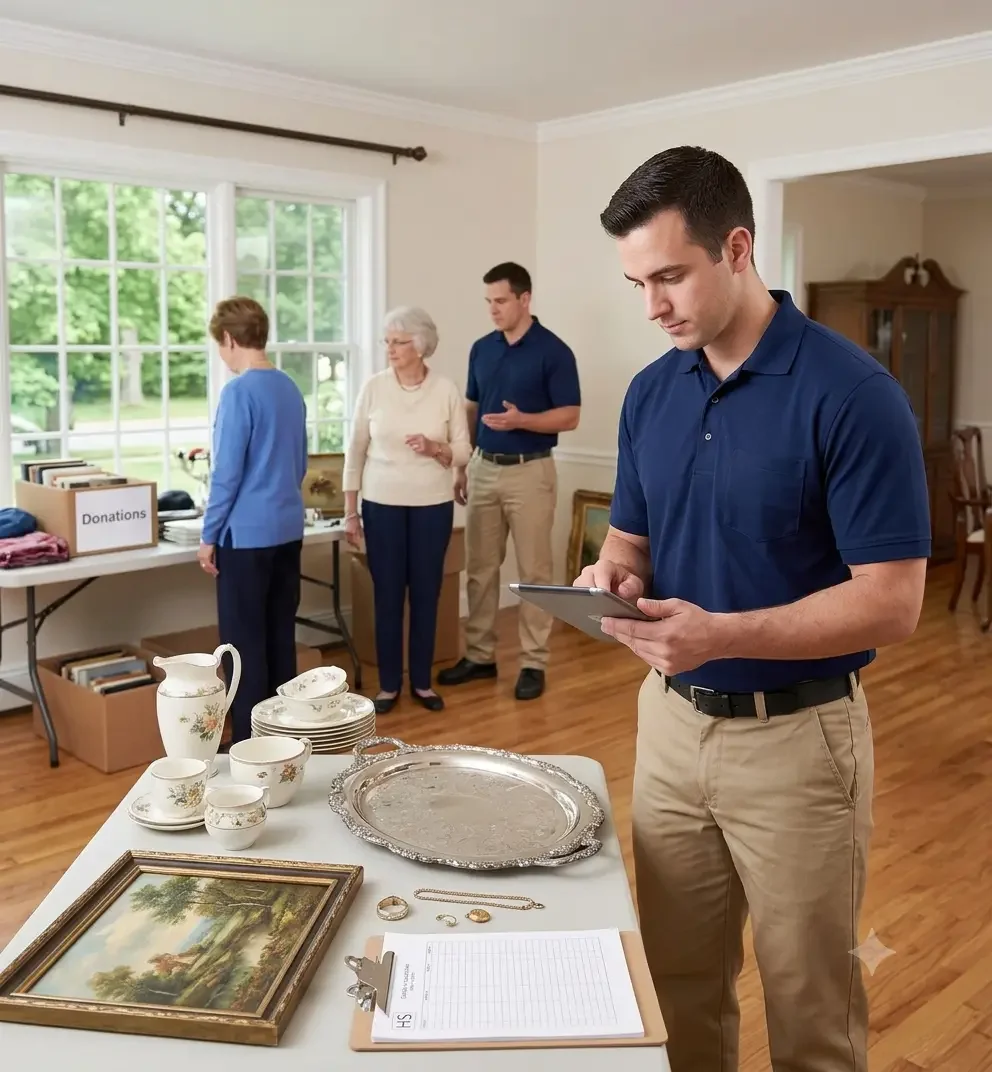 Organized indoor estate liquidation services in Derby, CT, showing a uniformed Heritage Solutions team member carefully cataloging antique items, such as silver plate and porcelain, for a professional sale.