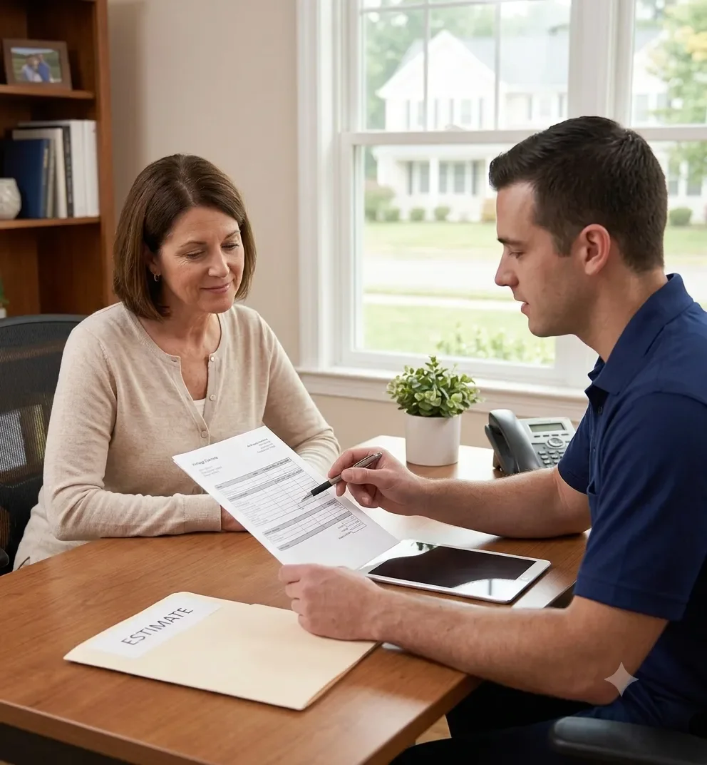 Heritage Solutions team member, wearing the distinctive navy blue uniform shirt, reviews a detailed, printed transparent cost estimate breakdown with a client in a bright Connecticut home office.