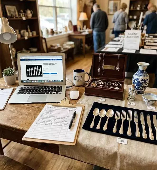 Estate sale organizer cataloging and pricing household items during a full-service Connecticut estate liquidation