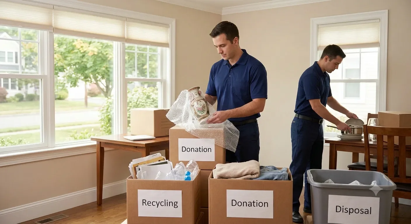 Professional Heritage Solutions team members methodically sort household goods, furniture, and personal items during a comprehensive estate cleanout in a Connecticut home.