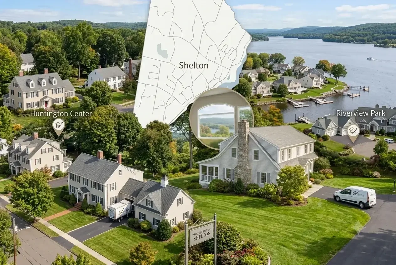 Aerial view of Shelton, CT, highlighting Huntington, Riverview Park, the Housatonic River, and Heritage Estate Solutions' local service area.