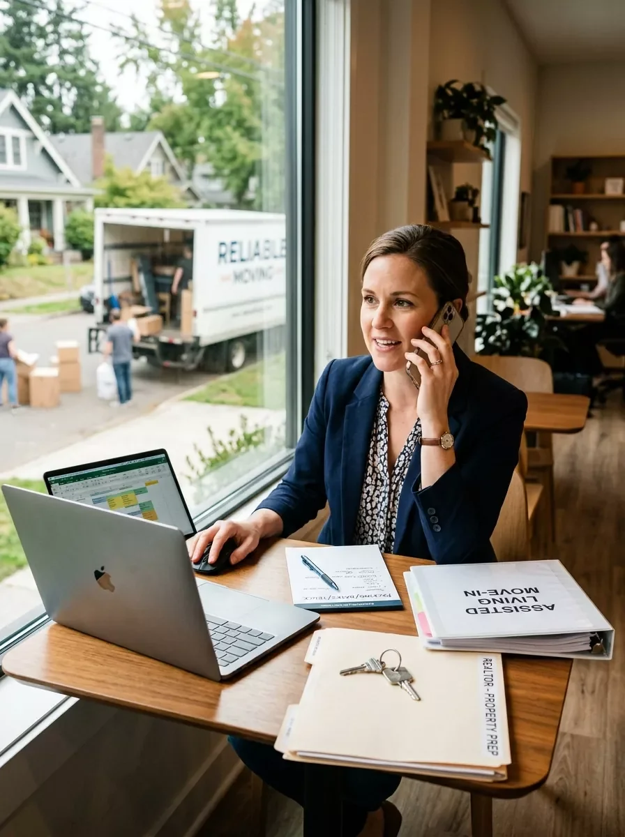 Senior transition coordinator managing full move logistics including assisted living facility and realtor communication in CT