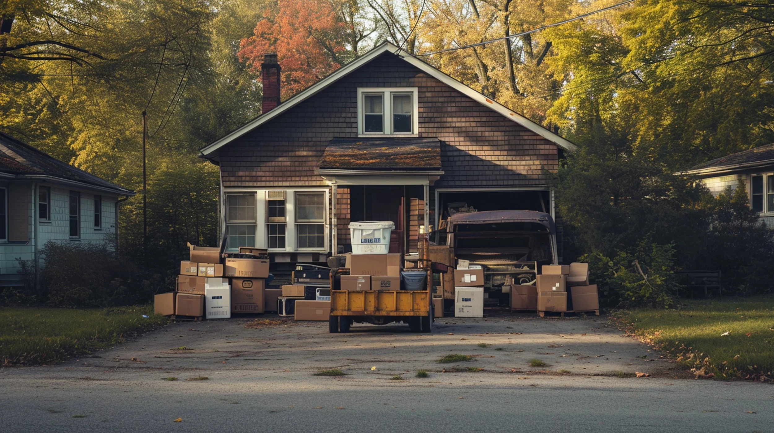 House with cluttered driveway filled with moving boxes, furniture, and an old van, surrounded by trees with fall foliage.