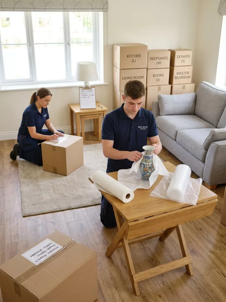 Senior downsizing team sorting and packing household belongings for an elderly home cleanout in Connecticut