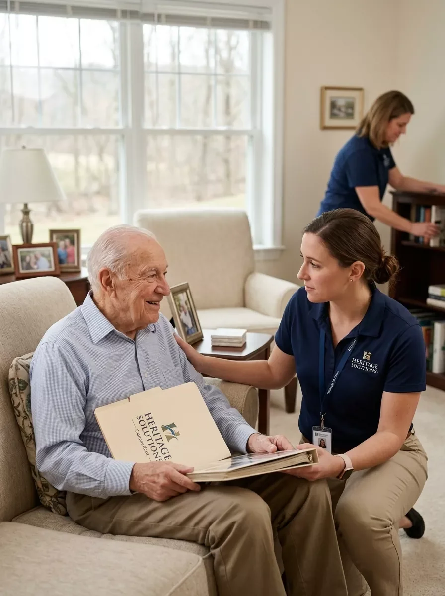 Compassionate senior downsizing professional from Heritage Solutions helping a Connecticut family with a respectful home transition