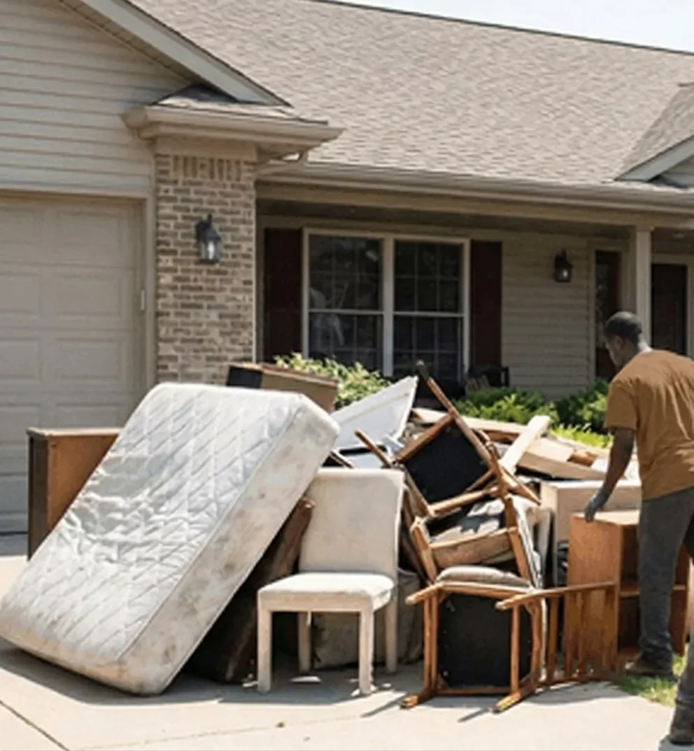 Estate cleanout crew removing furniture and mattress from suburban home in New Haven County