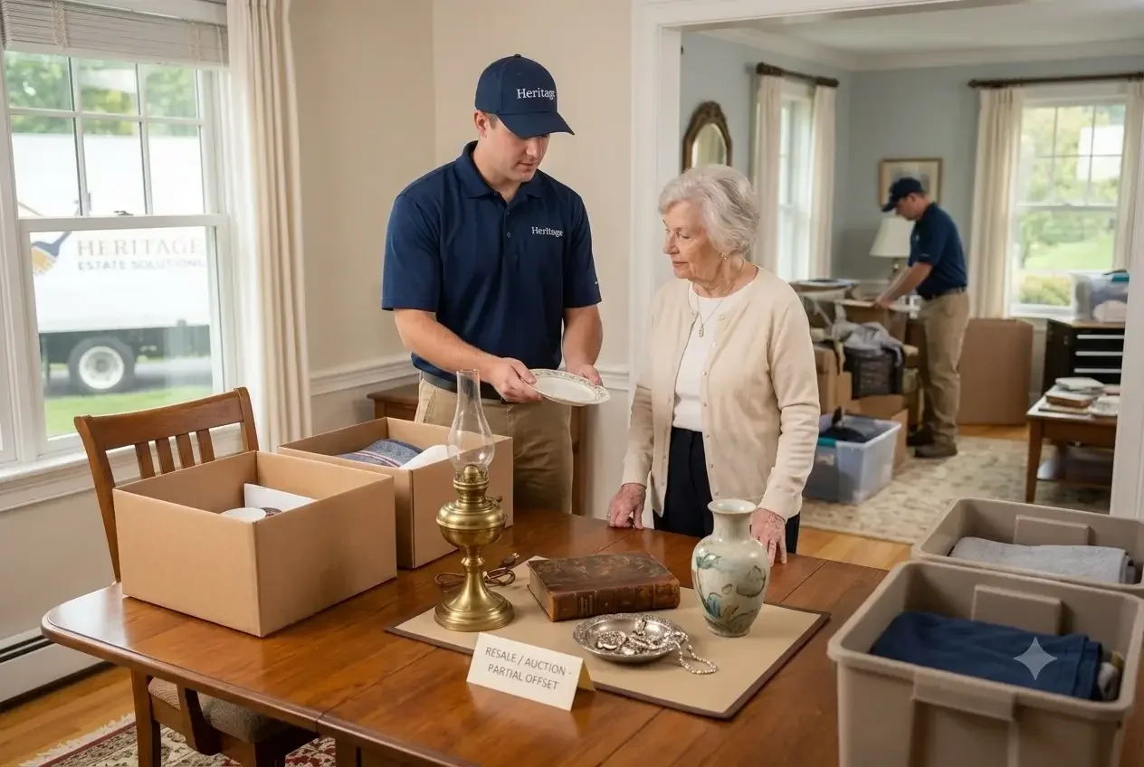 A uniformed Heritage Estate Solutions specialist in a home environment respectfully assists an elderly client by sorting valuable antiques like a book and vase, illustrating professional estate cleanout services in Shelton, CT.