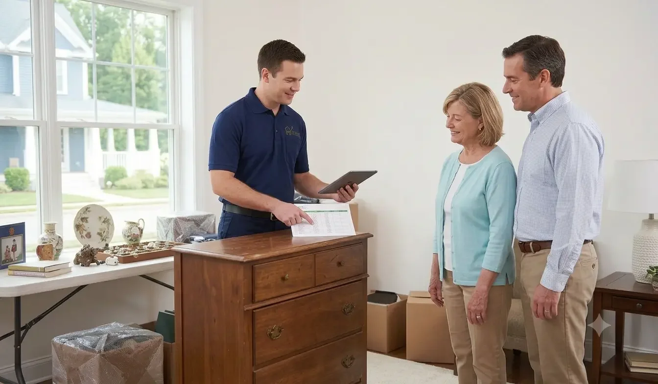 A Heritage Estate Solutions professional in a navy uniform consulting with clients, presenting a valued antique dresser during a successful estate liquidation in Ansonia, CT.