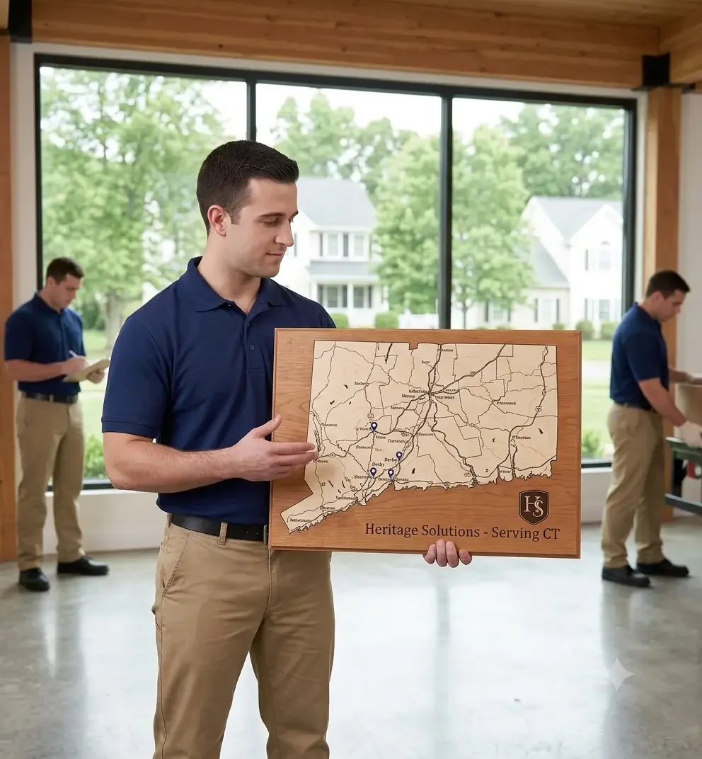 Professional Heritage Solutions team member in a navy blue polo holding a wooden map of Connecticut, highlighting local estate sale and liquidation service areas including Derby and around 06418.