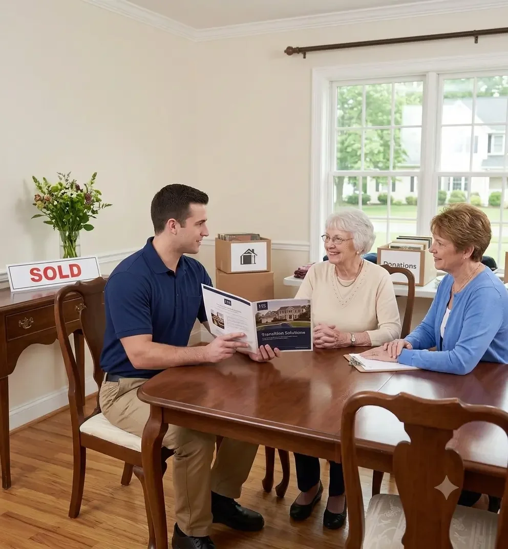 Realtor and Heritage Solutions team member consulting with a homeowner at a table, with moving boxes and a "SOLD" sign highlighting a smooth real estate transition.