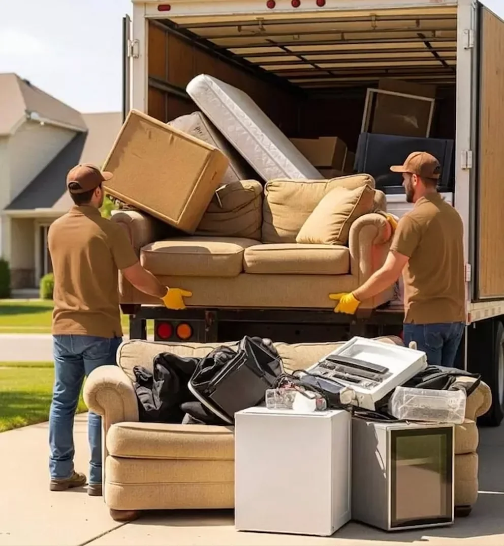 Professional junk removal team hauling furniture and mattress from a home in new haven county
