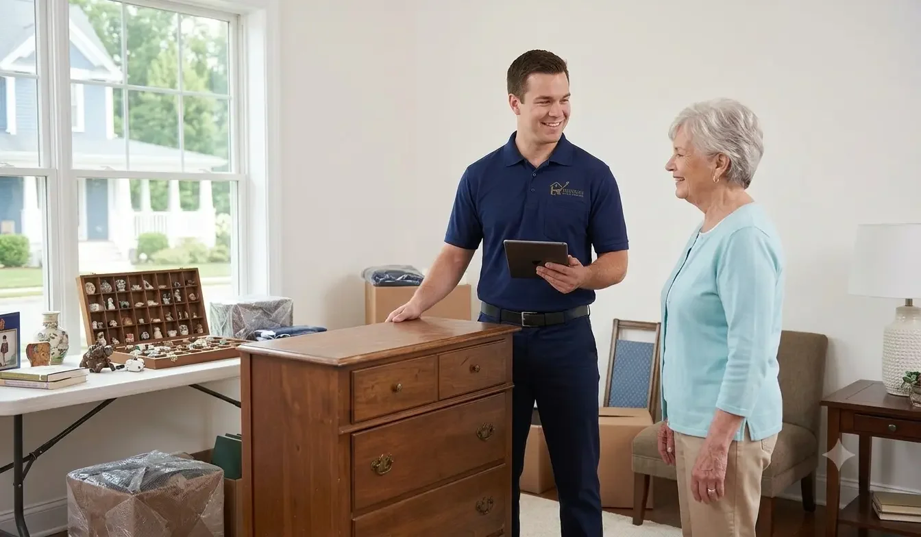 A professional Heritage Estate Solutions team member in a navy uniform consulting warmly with an older homeowner in her Ansonia living room, reviewing values on a tablet.