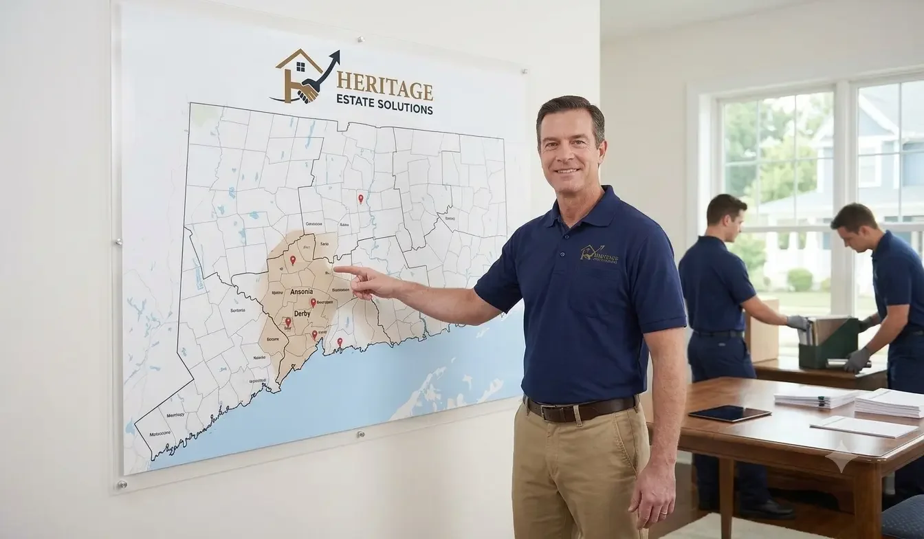 A Heritage Estate Solutions team leader in a navy blue uniform proudly points to a highlighted map of Connecticut, showing the localized service areas of Ansonia and Derby, with other staff coordinating logistics in the background.