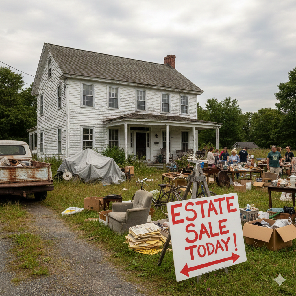 An estate sale taking place in front of a large white house, with furniture, boxes, and various items displayed, and a sign reading 'ESTATE SALE TODAY!' in the foreground.