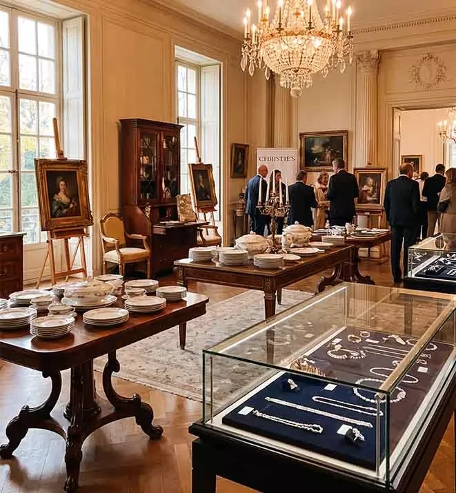 Fine furniture and antiques staged for a luxury estate sale