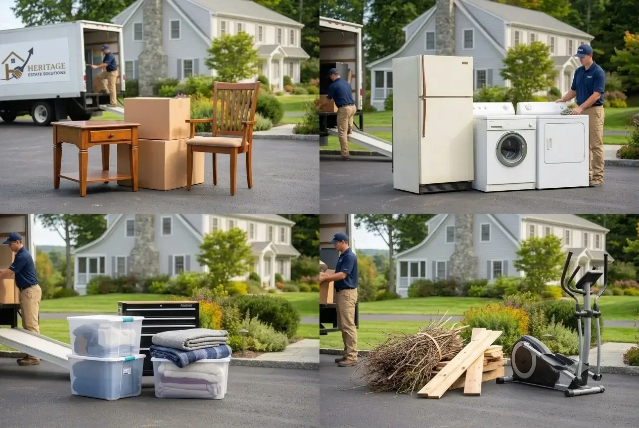 A four-panel grid photograph illustrating Heritage Estate Solutions' specialized junk removal services in Shelton, CT, including residential furniture, commercial appliances, cleanout boxes, and yard debris disposal.