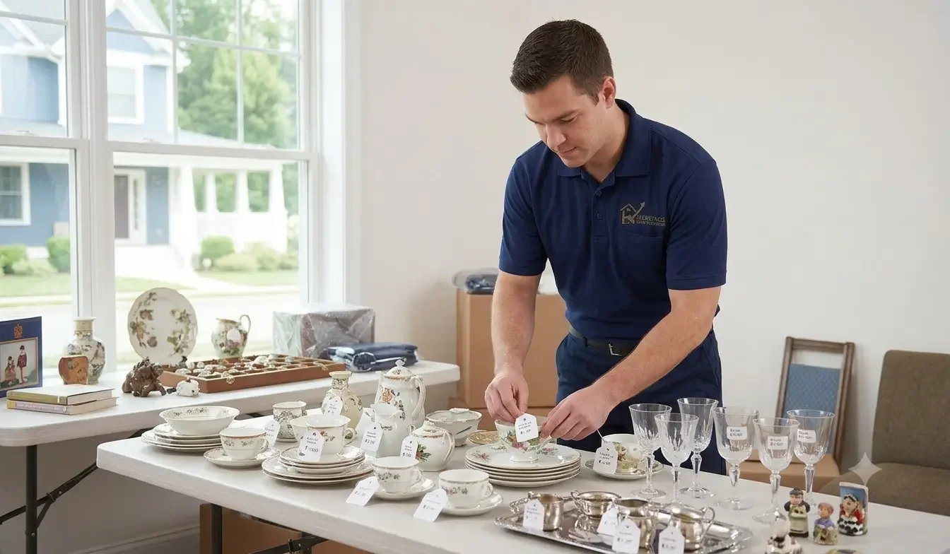 A Heritage Estate Solutions professional in a navy uniform meticulously sorting and labeling antique porcelain for an organized estate sale in Ansonia, CT.