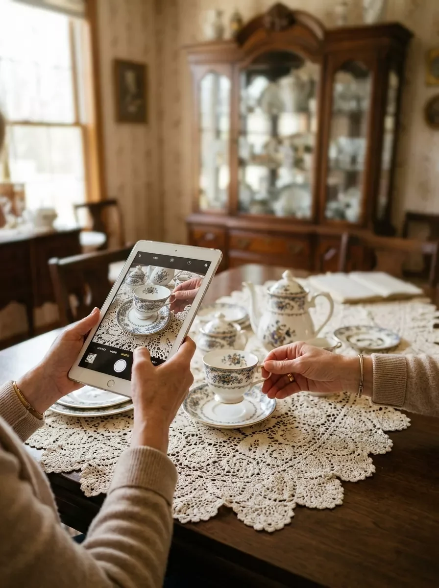 Professional photographing and cataloging family heirlooms before senior estate cleanout to ensure dignified item handling