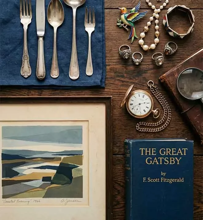 Estate appraiser examining vintage tools, sterling silver flatware, and mid-century collectibles before a Connecticut estate sale
