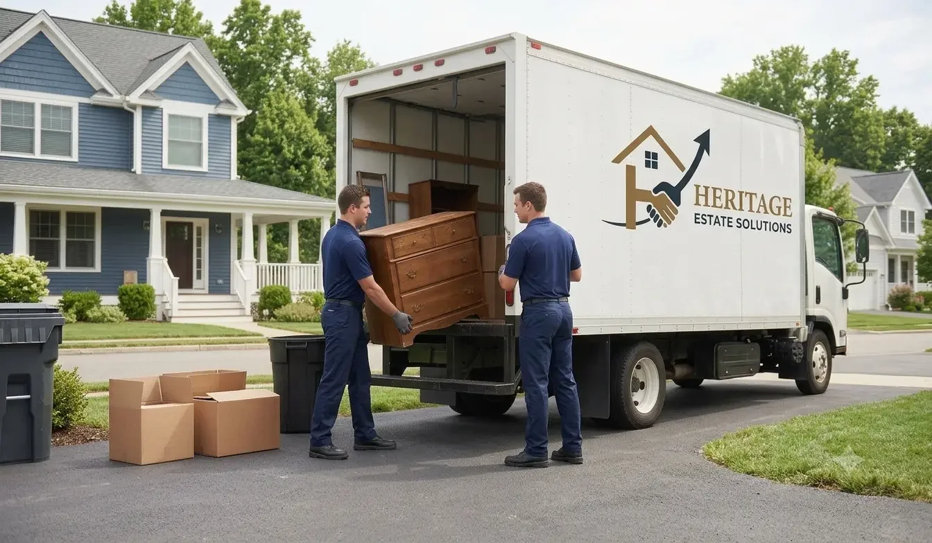 Uniformed Heritage Estate Solutions team members methodically loading a bulky wooden dresser into a clean white truck during a complete property cleanout in Ansonia, CT
