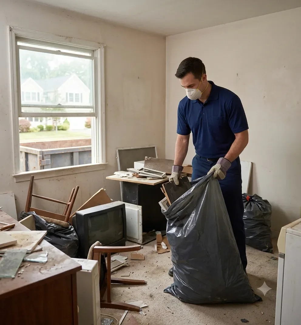 A Heritage Solutions team member in a navy blue uniform processes bulk debris inside a neglected Connecticut foreclosure property, preparing the home for sale.