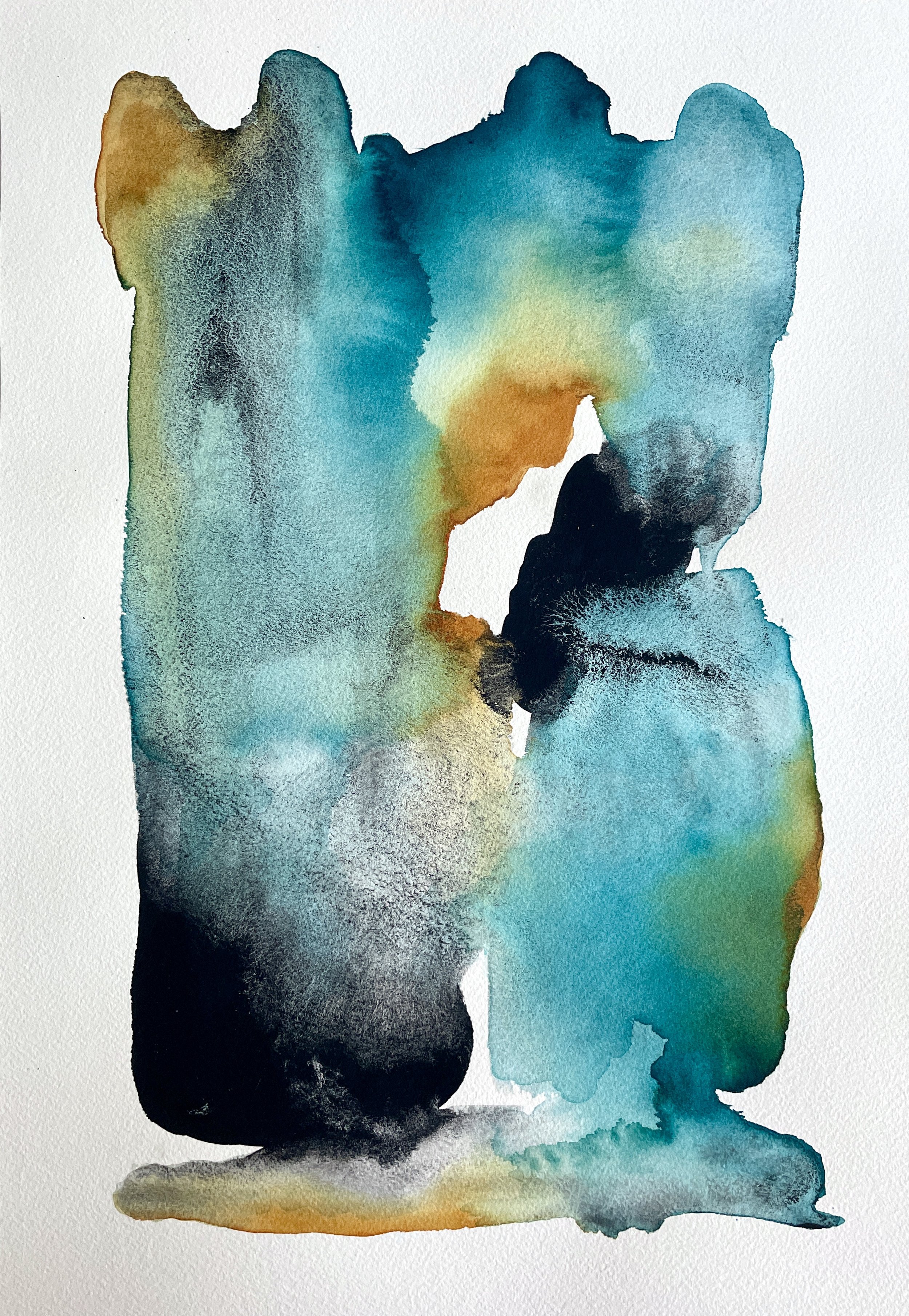 Abstract watercolor painting with shades of blue, black, green, orange, and yellow.