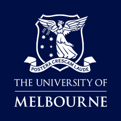 University of Melbourne logo featuring a winged figure with a shield and stars, with the motto 'Postera Crescam Laude'.