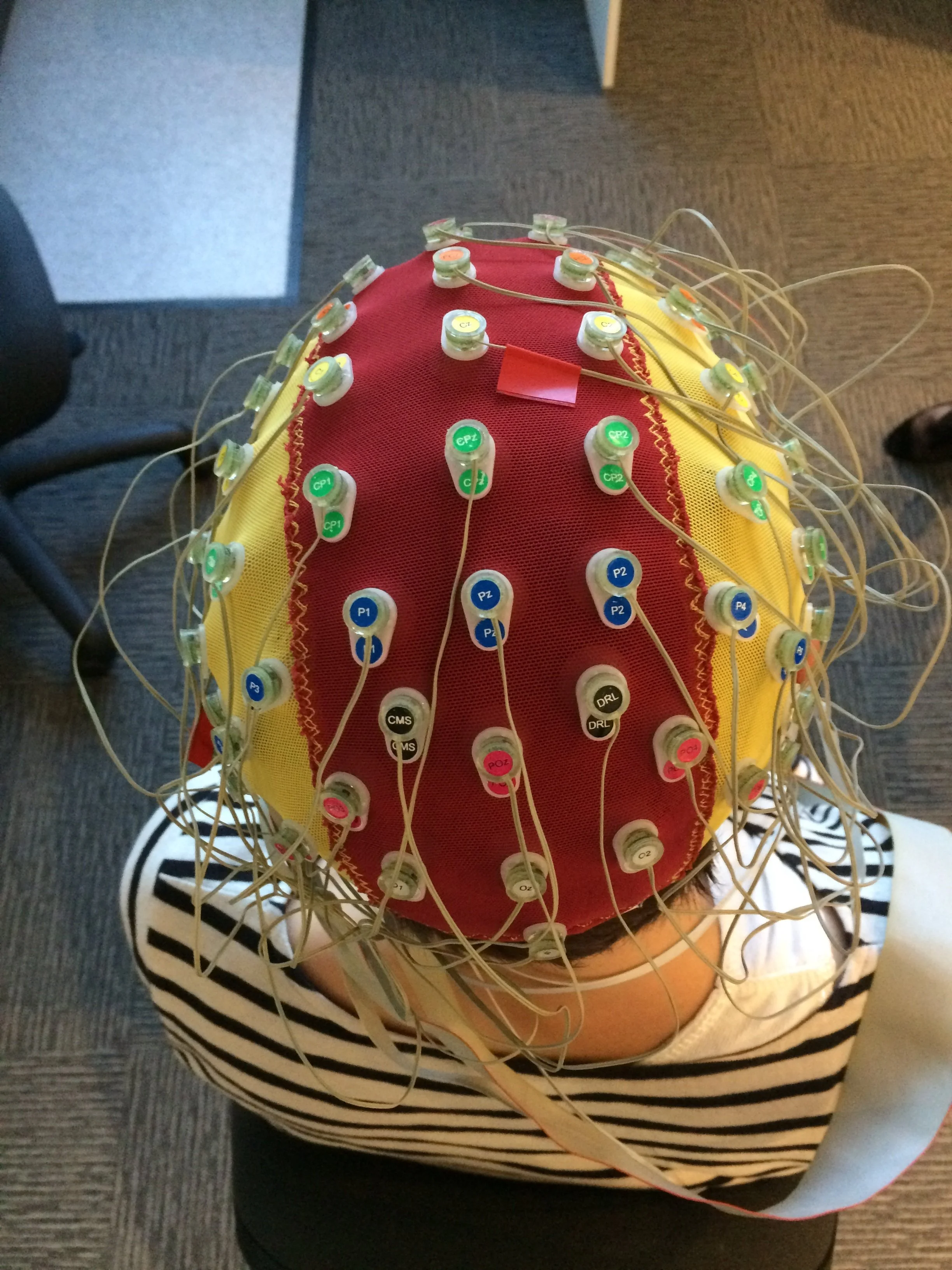 Overhead view of a person's head with an EEG cap fitted on it, connected to multiple wires and labeled electrodes, in an indoor setting.