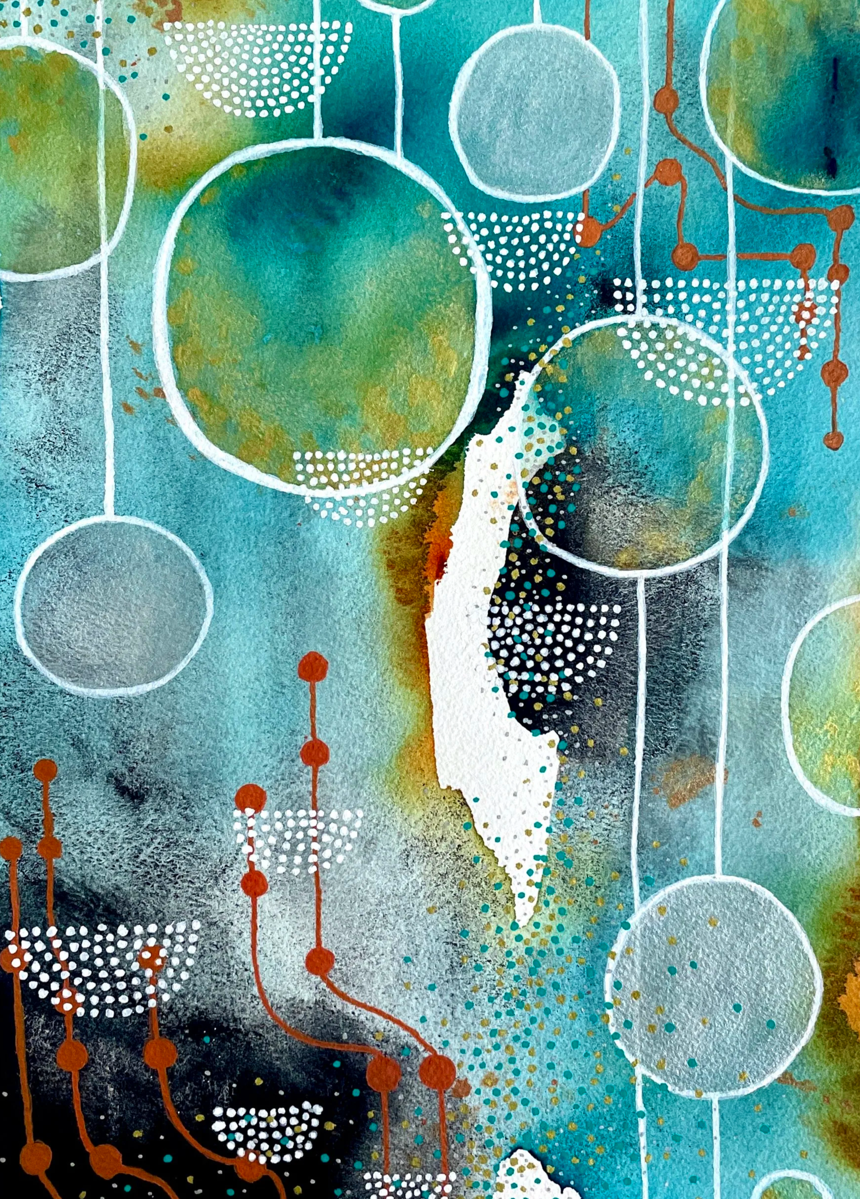 Abstract watercolor painting featuring circles, dotted patterns, and thin connecting lines in shades of blue, green, orange, and white.