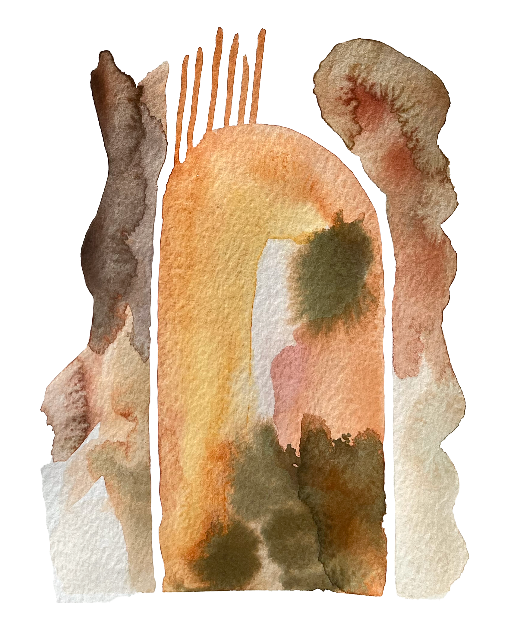 Watercolor painting of a fork, a knife, and a spoon with a large orange pumpkin, some green foliage, and pink flowers in the background.