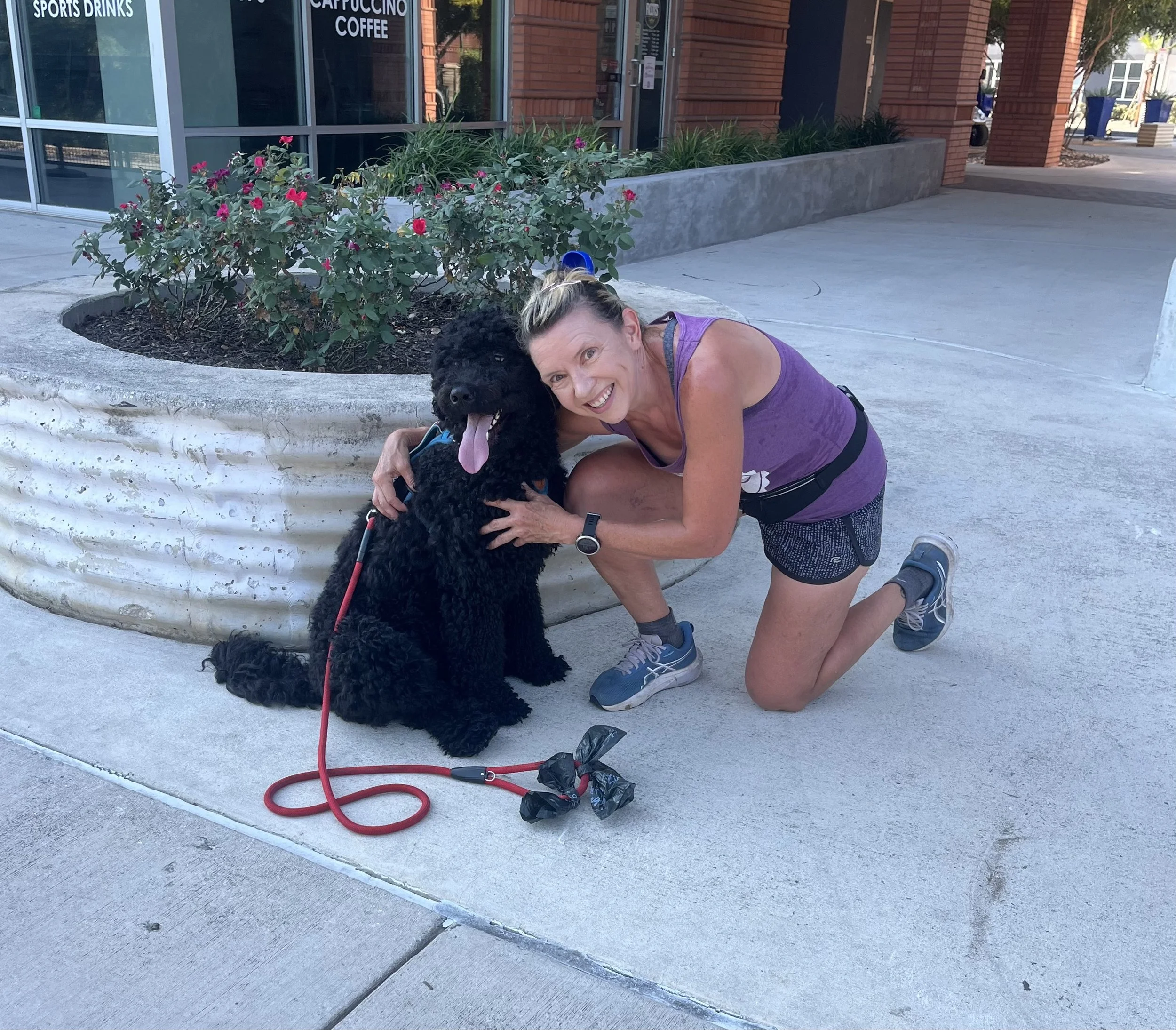 A woman in athletic clothing kneeling next to a black curly-haired dog outside a building with a flower bed and large window.