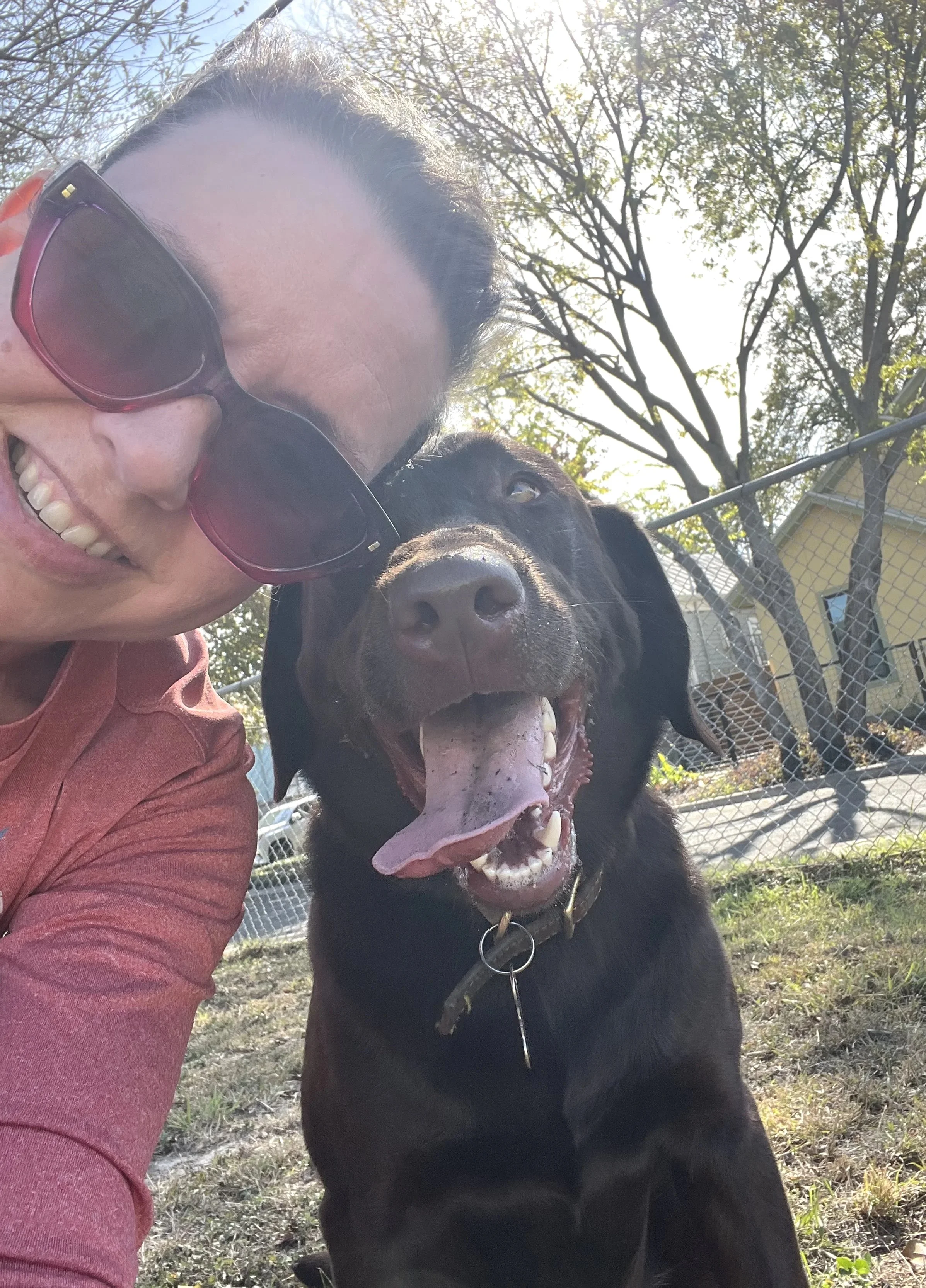 A woman wearing sunglasses smiling with a black dog in an outdoor setting during daytime.