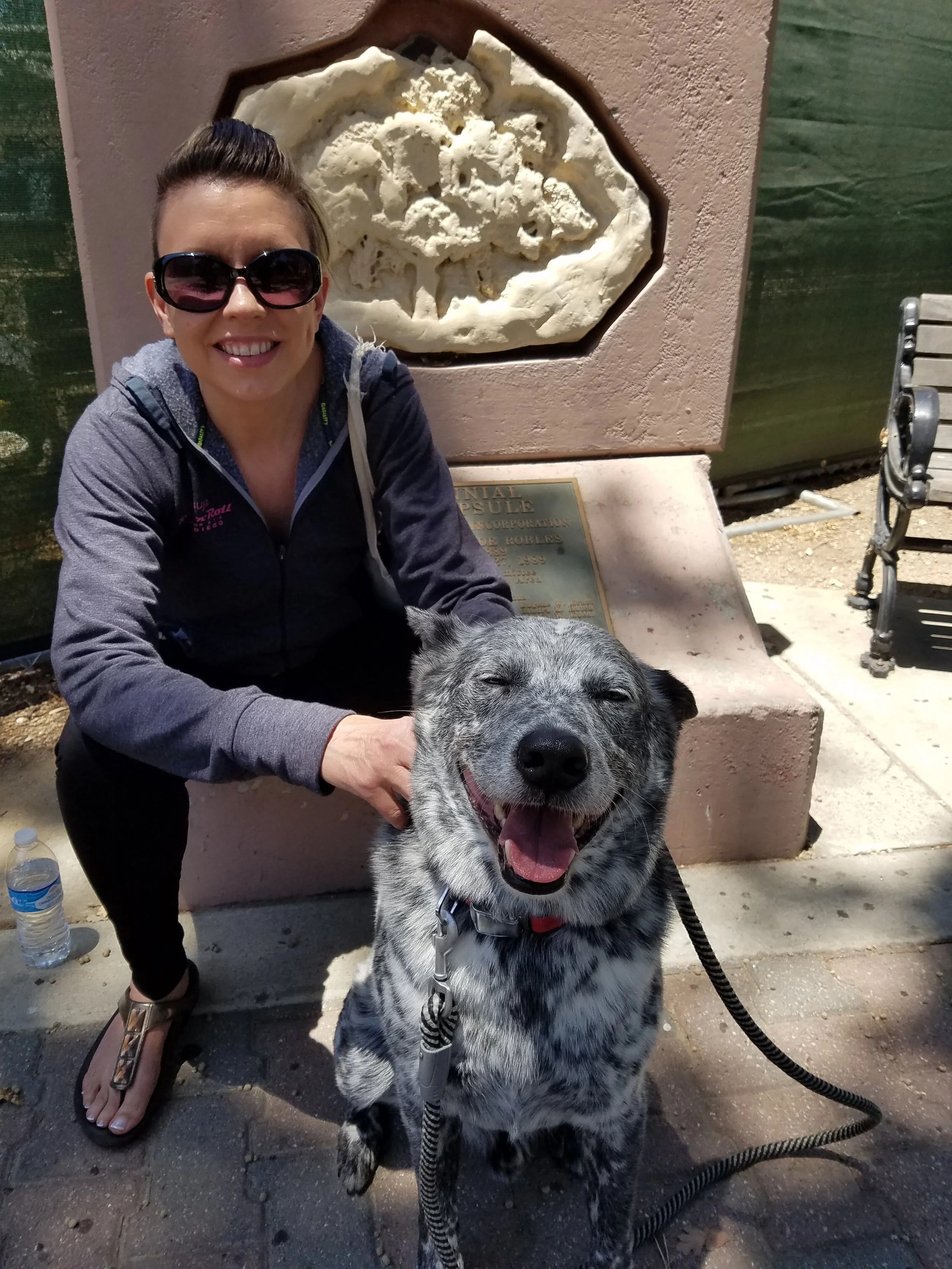 A woman in sunglasses smiling and sitting beside a happy, smiling dog with a gray and black coat outdoors. There is a large rock embedded in a wall behind them.