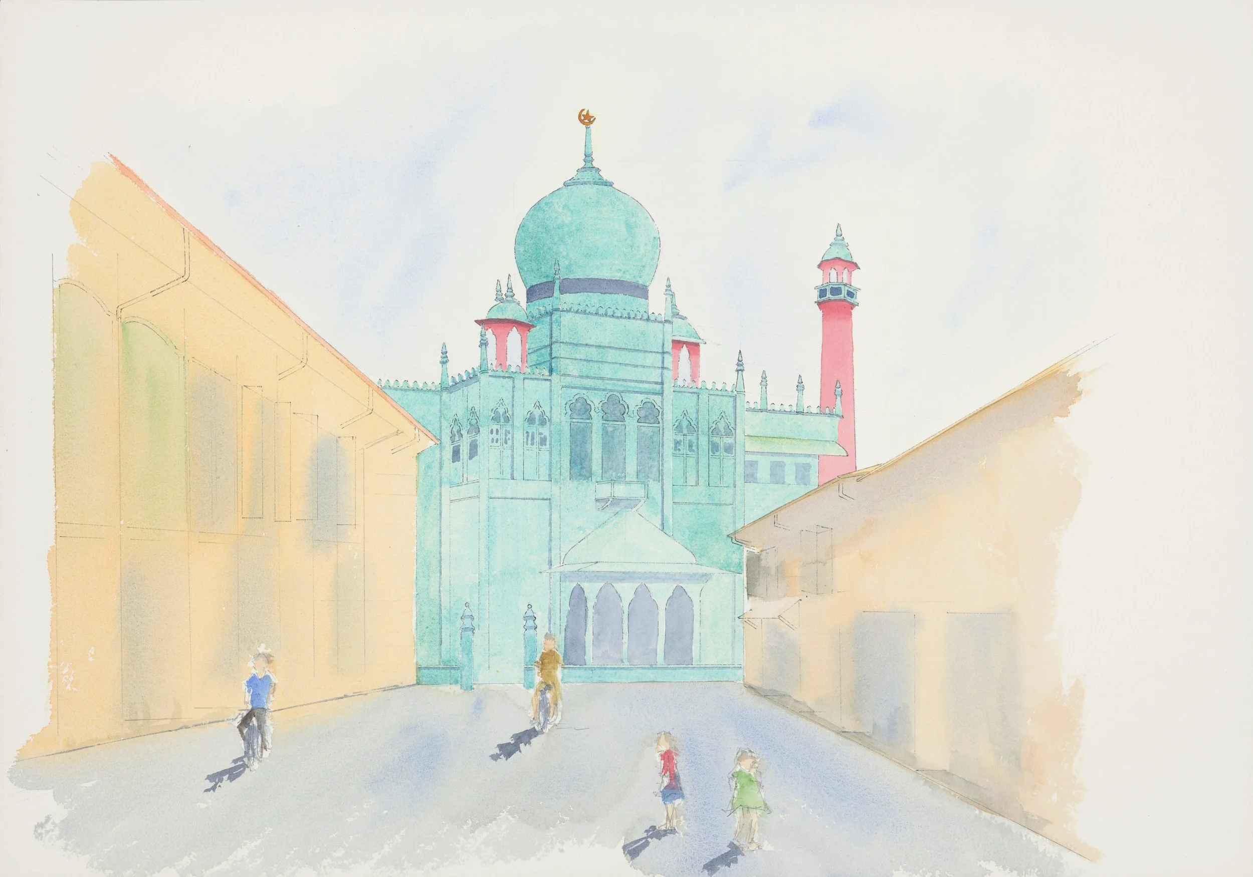 Masjid Sultan, with its distinctive dome and minarets, viewed from Muscat Street. People are walking on the street in front of the monument.