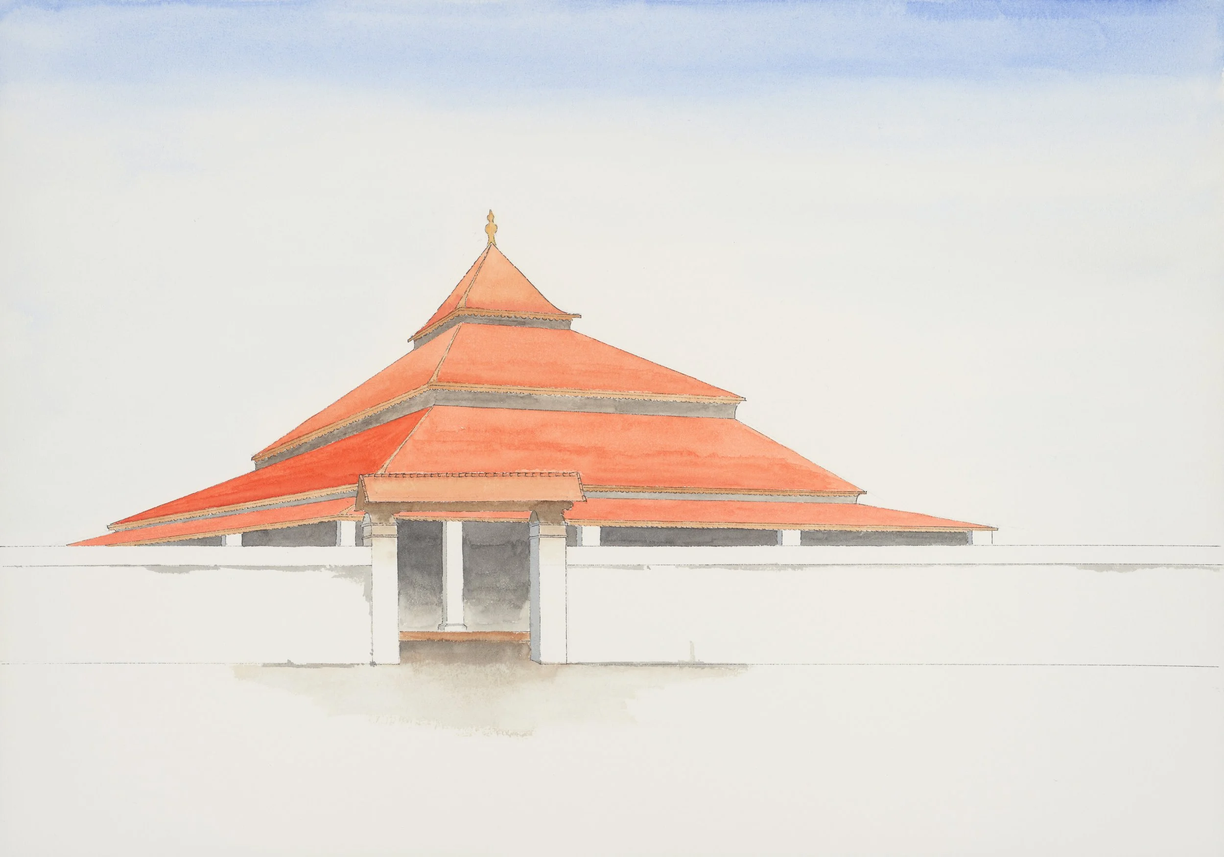 Watercolor painting of a building with multiple layered orange-red roof sections, supported by white pillars, set against a light sky background.