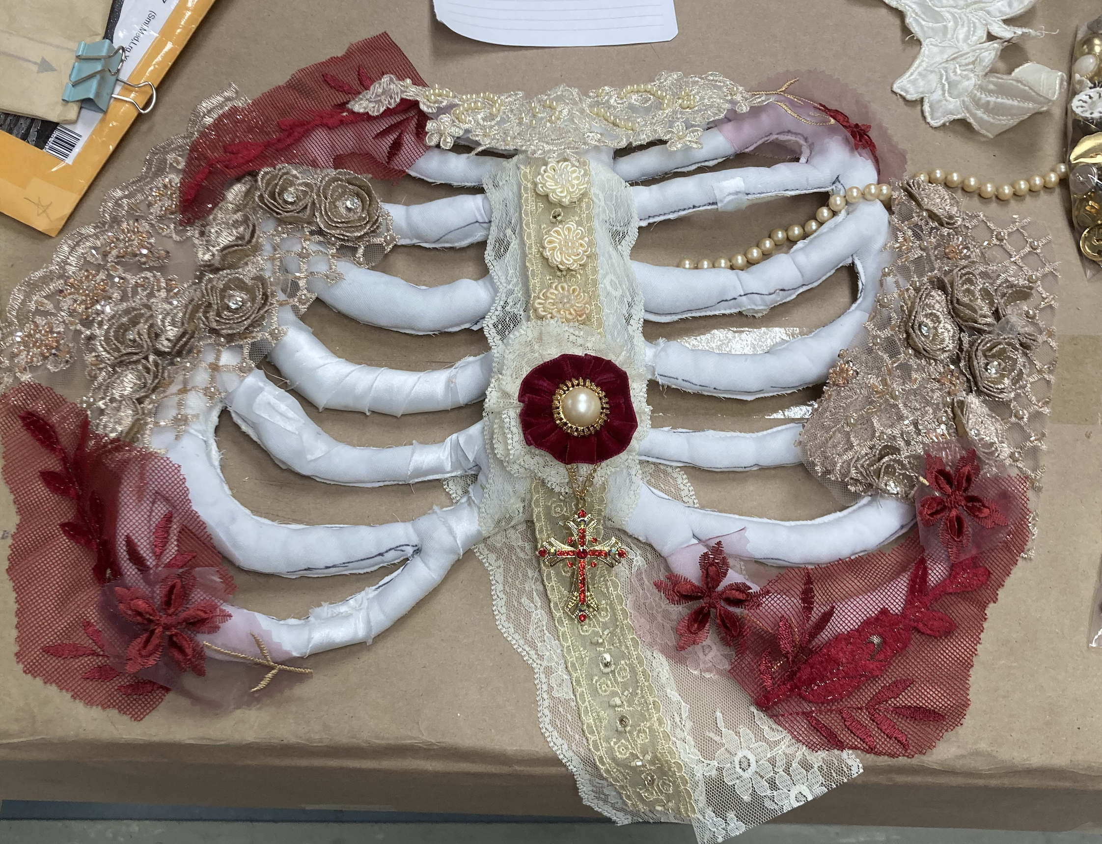 Embellishment planning. Main body made of sponge and wrapped in scrap cotton.