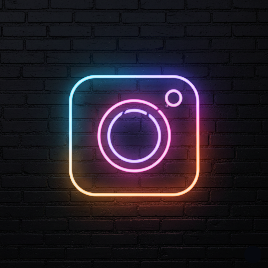 Signo de neón que representa una cámara fotográfica, con líneas en colores azul, rosa y naranja, sobre fondo de pared de ladrillos negra.