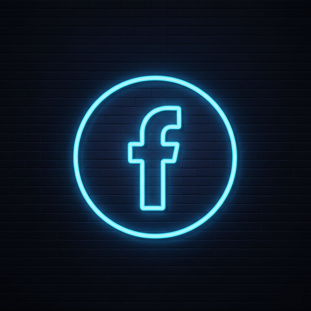 Logotipo de Facebook en neón azul sobre pared de ladrillos oscura.
