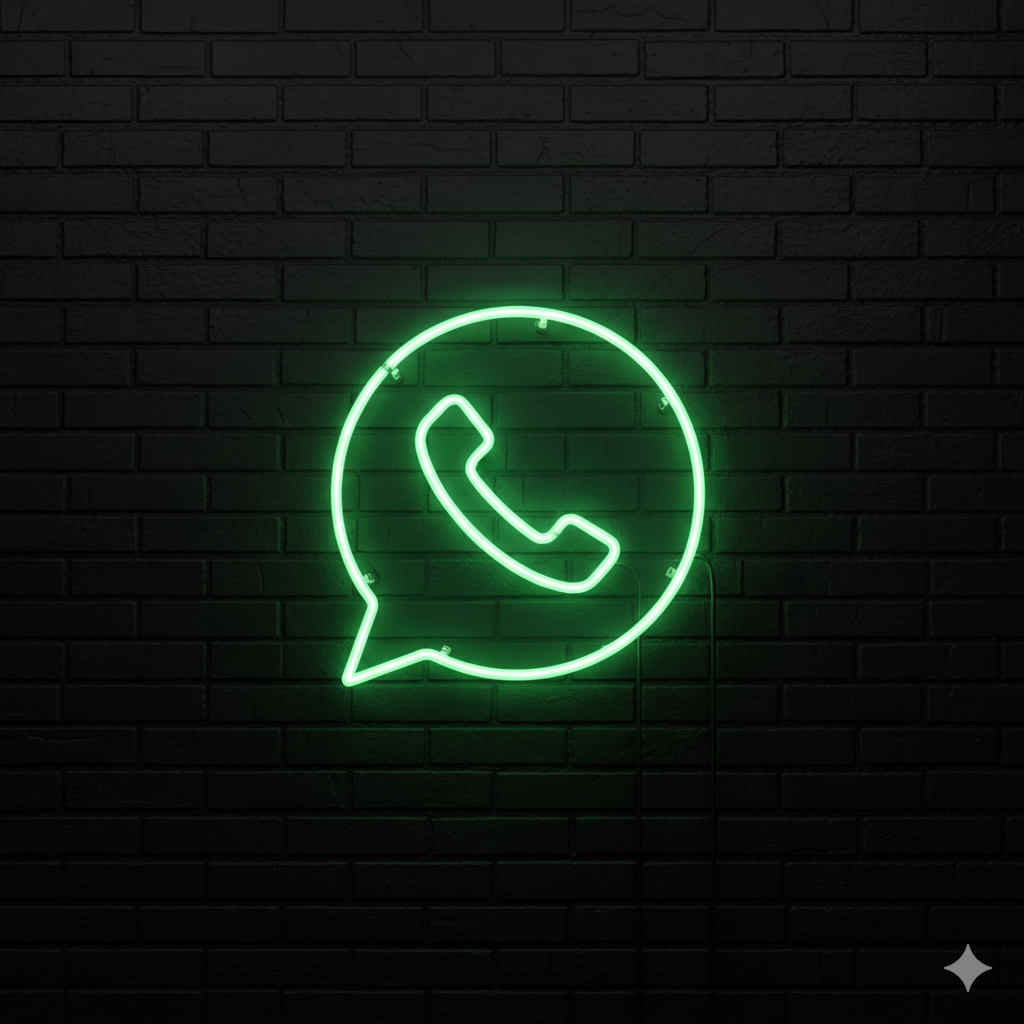 Lámpara de neón verde en forma de símbolo de WhatsApp con fondo de pared de ladrillos negra.