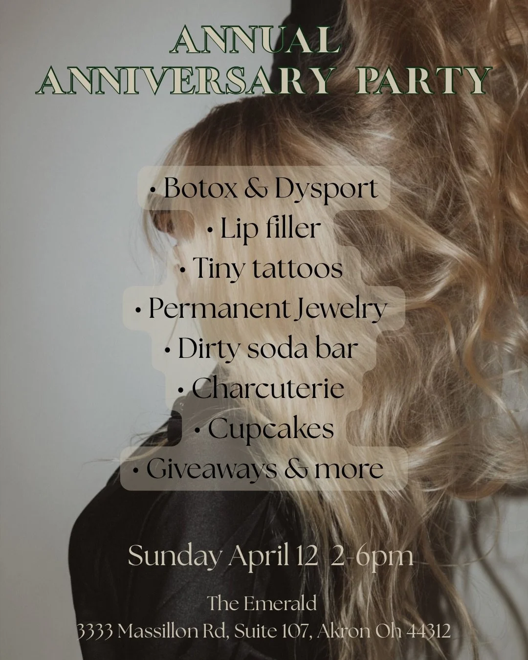 Come get all the goodies ✨

Botox &amp; Dysport @tommi_aesthetic_np 
Lip filler @aspiring.skin 
Tiny tattoos @c.d_ink 
Permanent jewelry @jewelrybabes.a.m 
Charcuterie @maddiesmanes_ 
Cupcakes @enticing.cakes 

Message us to snag a Botox, Dysport, or