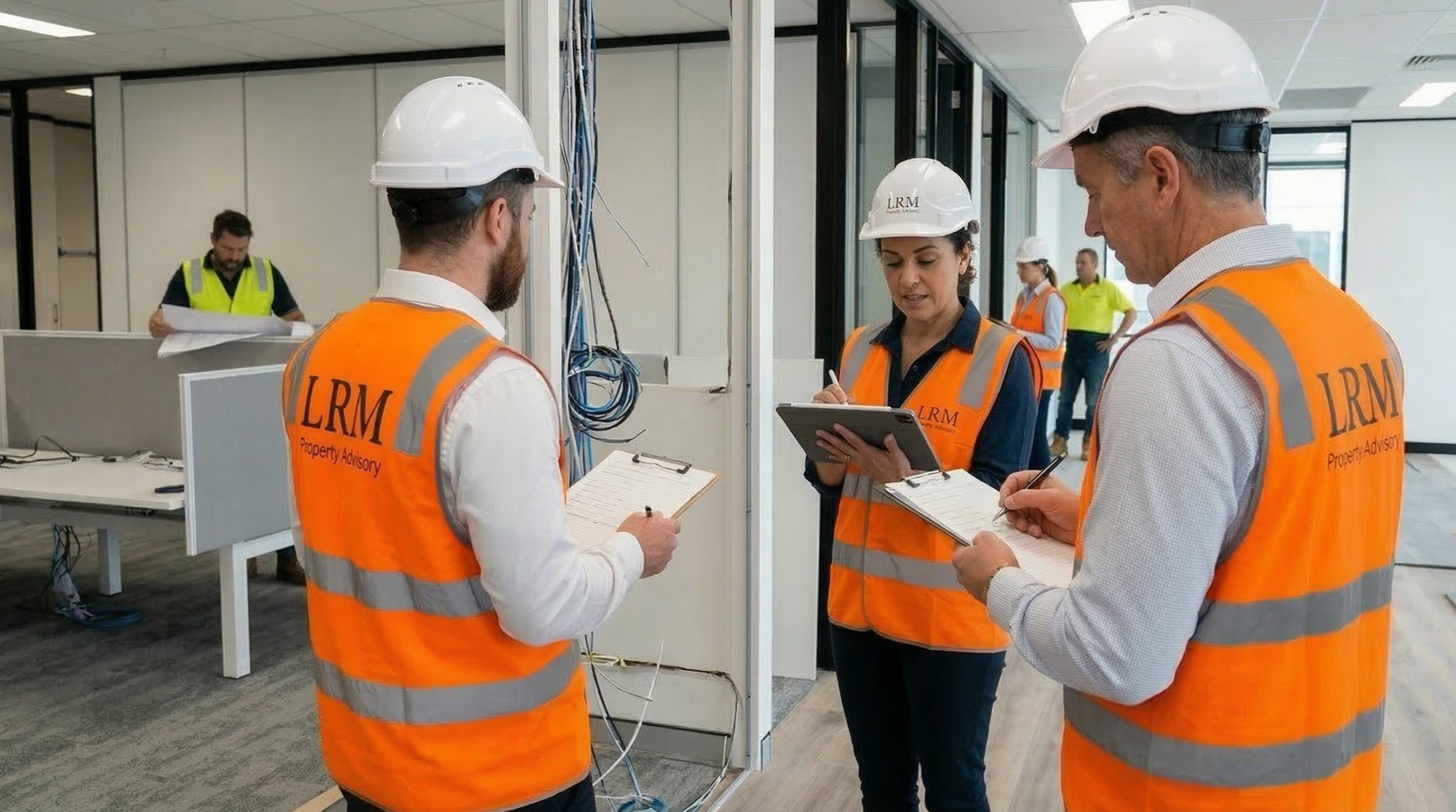 Construction workers in safety vests and hard hats discussing plans in an office building under construction.